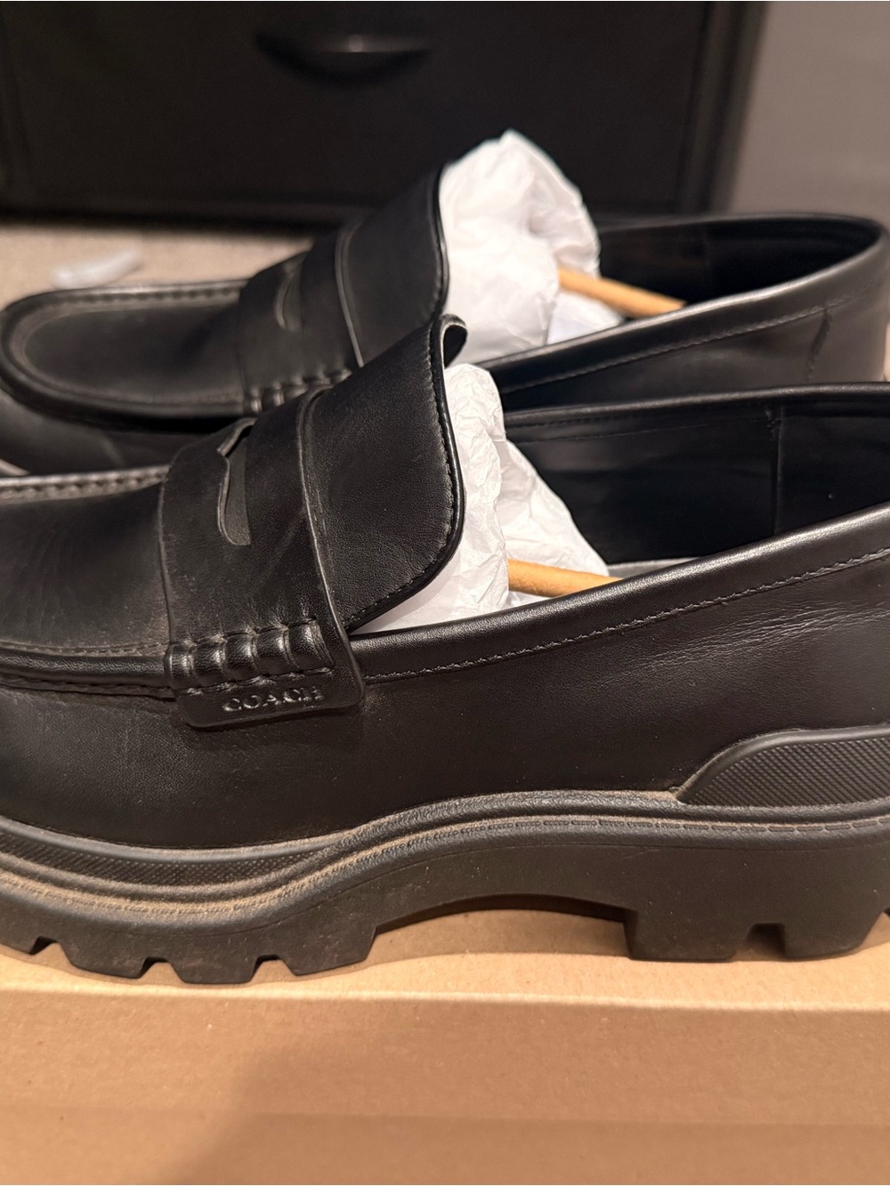 Coach Black Leather Lug Sole Penny Loafers